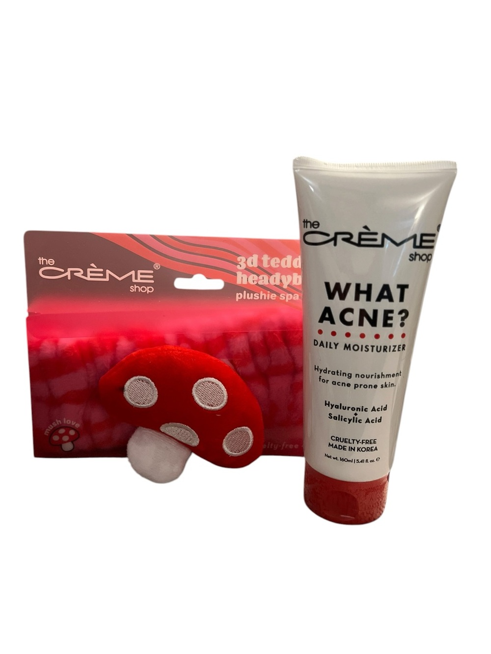 The Crème Shop Mushroom 3D Spa Headband & What Acne Moisturizer Set - NWT